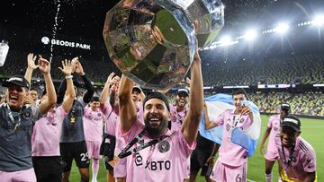 Aug 19, 2023; Nashville, TN, USA; Inter Miami CF defender Harvey Neville (18) celebrates after winning the Leagues Cup against Nashville SC at GEODIS Park. Mandatory Credit: Christopher Hanewinckel-USA TODAY Sports